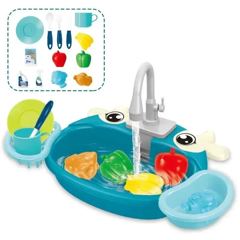 Children Play Kitchen Set with Simulated Dishwasher Sink Hand Basin Electric Circulating Water Toy for Boys Girls Kids Role Play