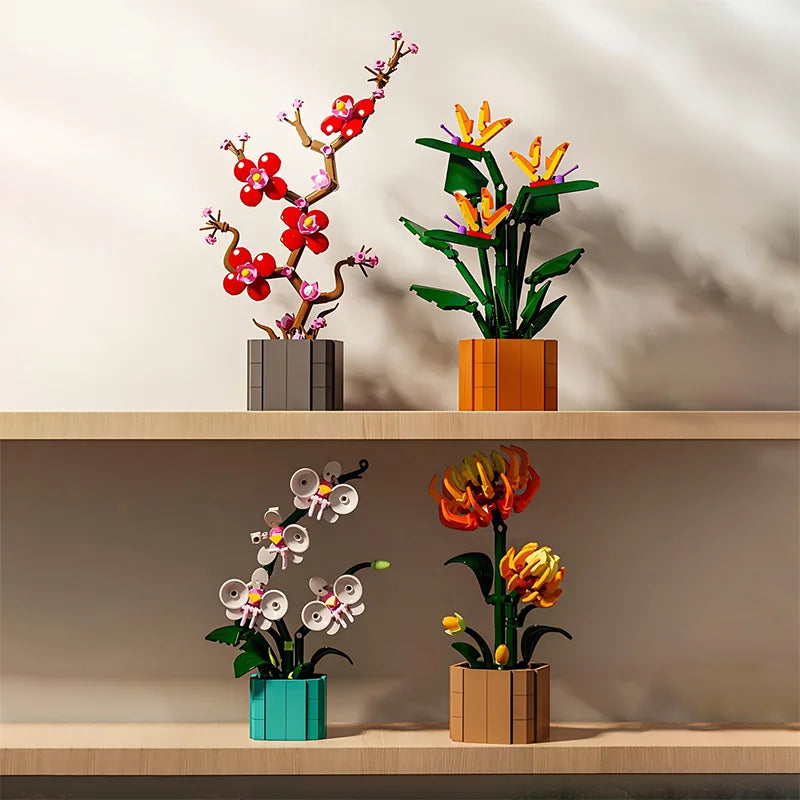 3D Flower Potted Building Blocks Toys Vintage Bouquet DIY Model Bricks Puzzle Toys for Girls Couples Favor Gifts Home Decoration
