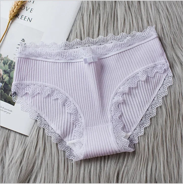 Lingerie Underwear Women Bow New Lace Panties Briefs Low Waist Solid Color Middle-Waisted Underpants Female Lingerie Briefs