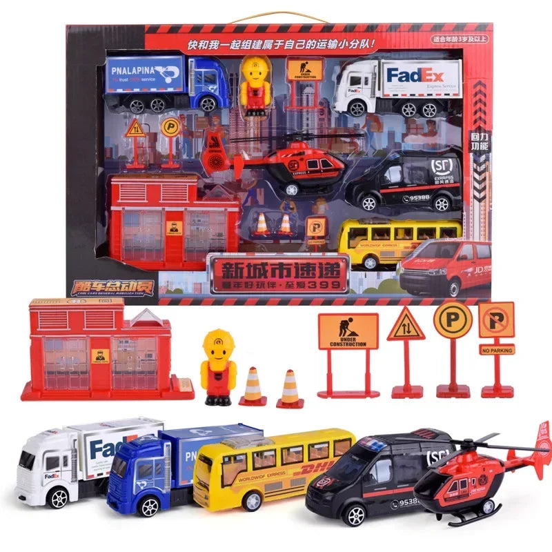 Construction City Engineering Truck Model Set Police Car Fire Engine Trucks Aircraft Plane Kit Inertia Car Toy for Children Gift
