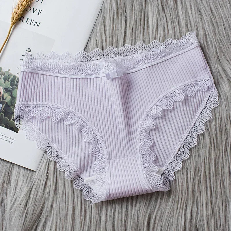 Lingerie Underwear Women Bow New Lace Panties Briefs Low Waist Solid Color Middle-Waisted Underpants Female Lingerie Briefs