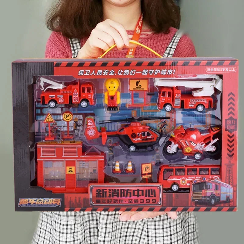 Construction City Engineering Truck Model Set Police Car Fire Engine Trucks Aircraft Plane Kit Inertia Car Toy for Children Gift