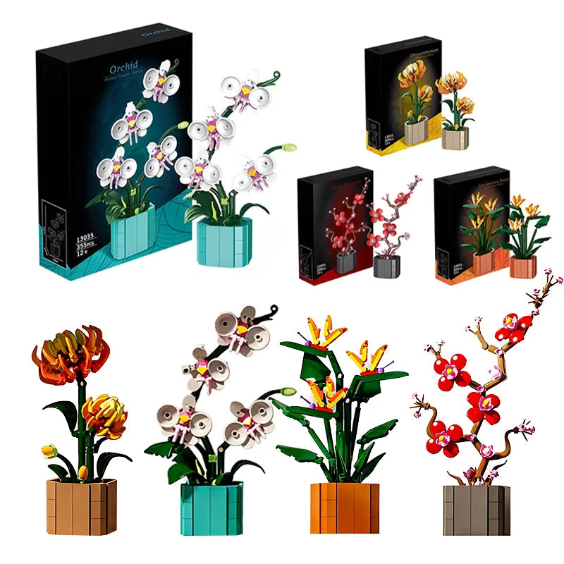3D Flower Potted Building Blocks Toys Vintage Bouquet DIY Model Bricks Puzzle Toys for Girls Couples Favor Gifts Home Decoration