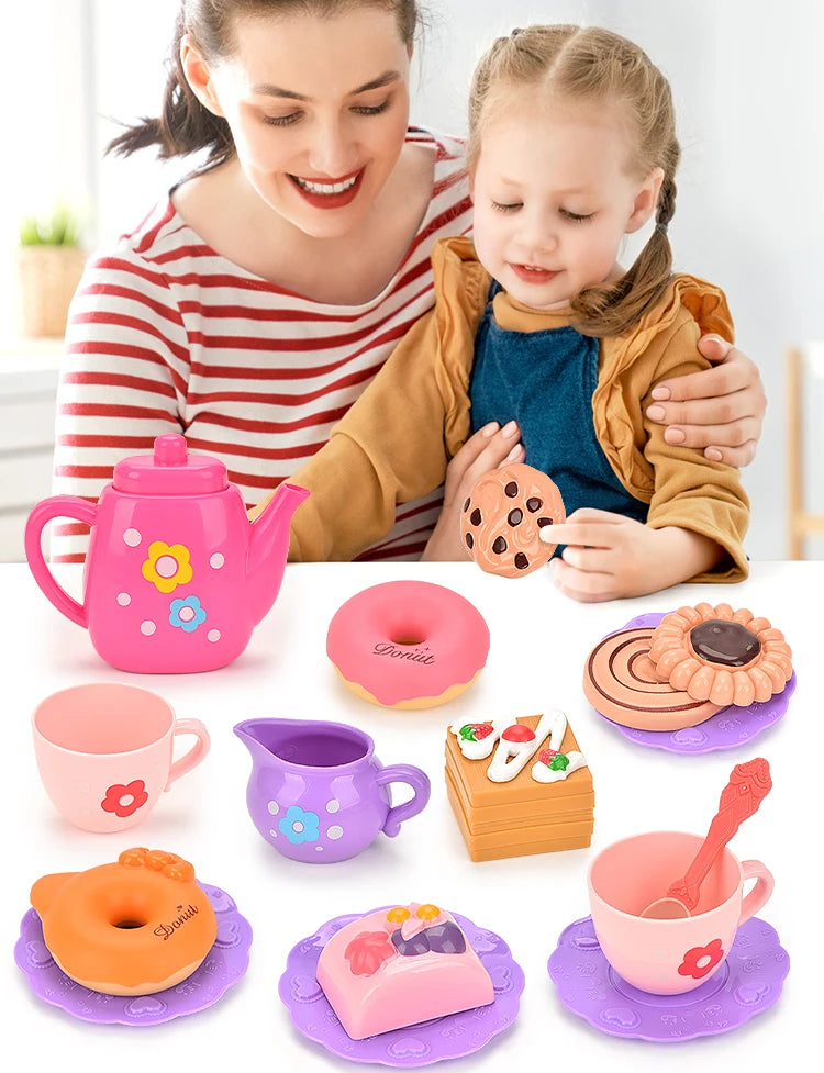 Children's tea party set kitchen role play pretend teapot teacup dessert cake toy girl Christmas gift