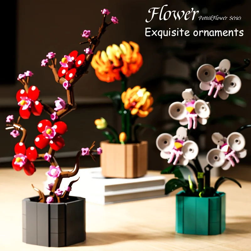 3D Flower Potted Building Blocks Toys Vintage Bouquet DIY Model Bricks Puzzle Toys for Girls Couples Favor Gifts Home Decoration