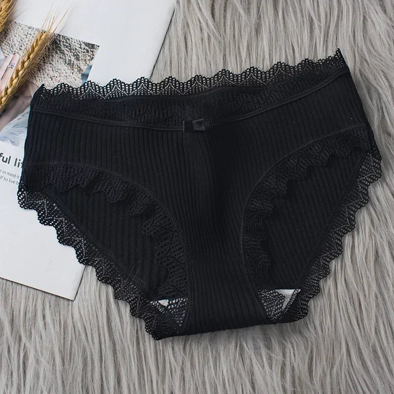 Lingerie Underwear Women Bow New Lace Panties Briefs Low Waist Solid Color Middle-Waisted Underpants Female Lingerie Briefs