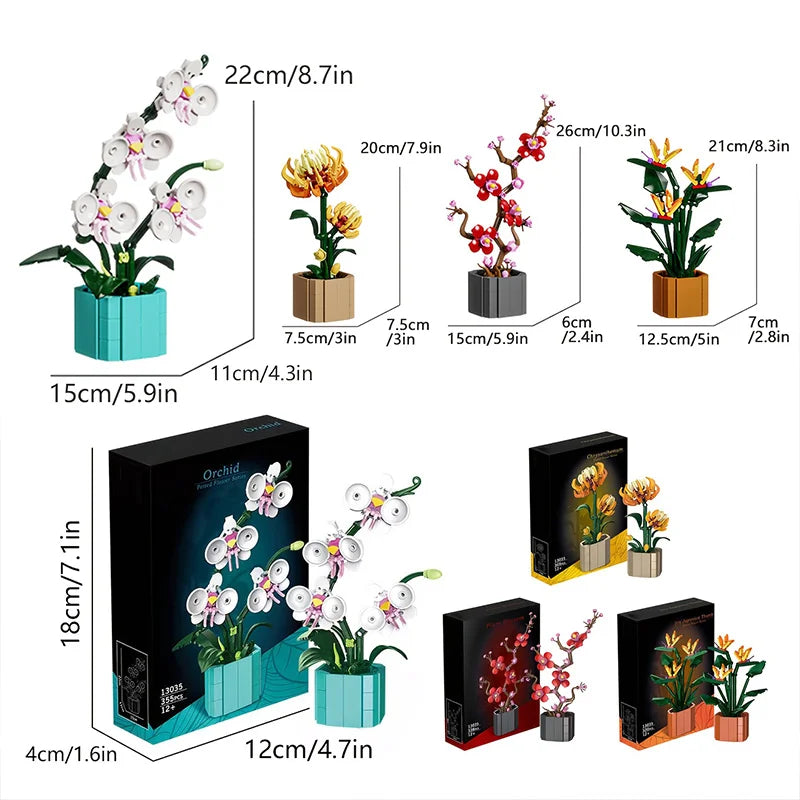 3D Flower Potted Building Blocks Toys Vintage Bouquet DIY Model Bricks Puzzle Toys for Girls Couples Favor Gifts Home Decoration