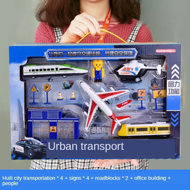 Construction City Engineering Truck Model Set Police Car Fire Engine Trucks Aircraft Plane Kit Inertia Car Toy for Children Gift
