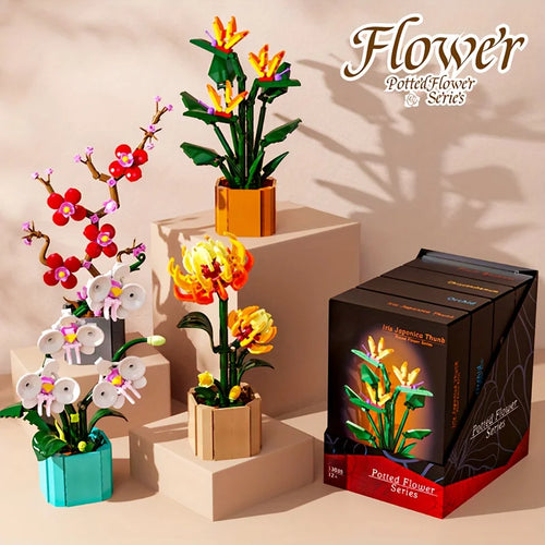 3D Flower Potted Building Blocks Toys Vintage Bouquet DIY Model Bricks Puzzle Toys for Girls Couples Favor Gifts Home Decoration