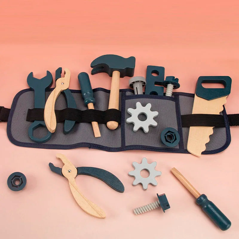 Kids Pretend Play Toy Tool Role Playing Educational Toys 3-6 Year Old Boys Wooden Simulation Children's Repairman Waist Bag Set